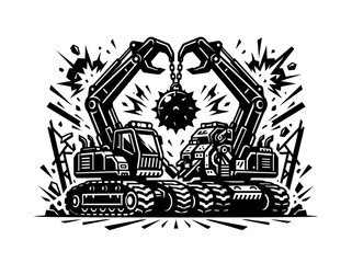 Naklejka premium Construction Industry Demolition: Black White Line Art of Excavators Holding Wrecking Ball.