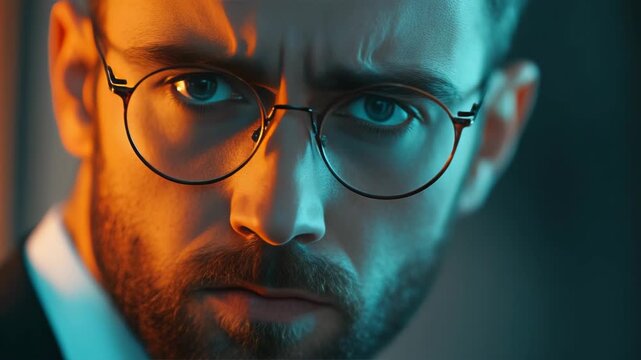 A young man wearing glasses with a serious expression on his face.