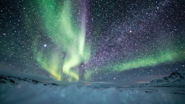 Night sky ablaze with green and purple aurora borealis, starry cosmos above snowy arctic landscape, ethereal natural wonder, atmospheric phenomenon, winter beauty