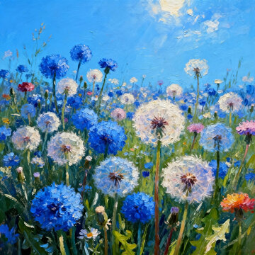 Impasto Oil Painting Dandelion Meadow Under Bright Blue Sky