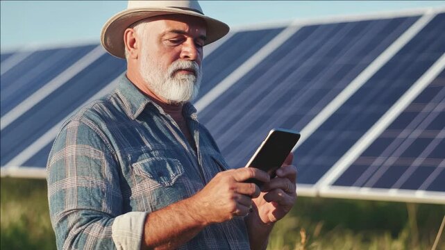 A man standing in a field of solar panels while looking at his phone. He is wearing a flannel shirt and straw hat.