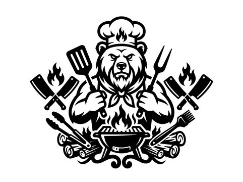 Black and White Bear Chef with BBQ Grill and Utensils Vector Art