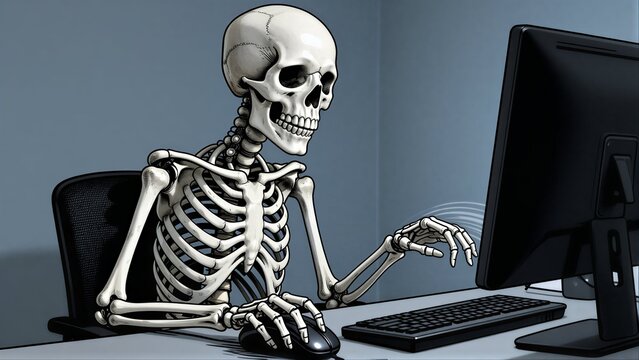 Skeleton works at computer, typing away with a mouse in hand.