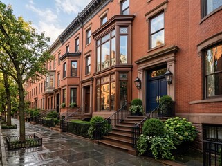 Fototapeta premium Red brick row houses with blue door and wet sidewalk