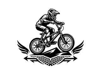 Fototapeta premium Black and White BMX biker illustration with wings and mountains, extreme sport style