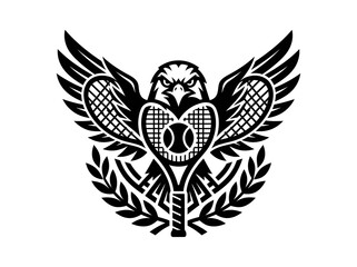 Fototapeta premium Eagle Tennis Emblem Glyph - Sports Logo with Heart Rackets, Ball, and Laurel Wreath in Black and White Style