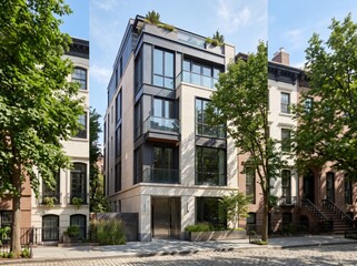 Fototapeta premium Modern townhouse with balconies framed by neighboring brownstones