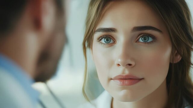 Woman gazes intently at someone across a desk. Her eyes meet with focused attention. Soft lighting highlights her calm expression. Scene suggests professional or personal interaction