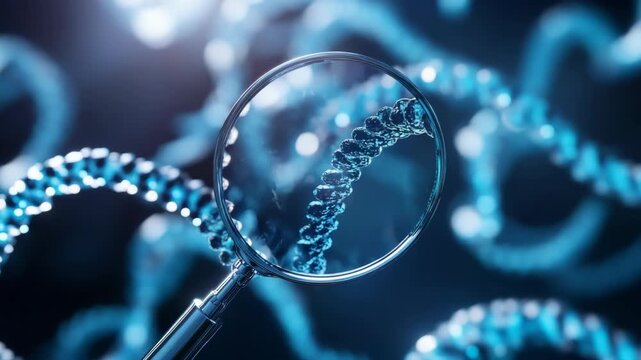 An of a magnifying glass looking at blue strands representing genetic code or DNA sequences.