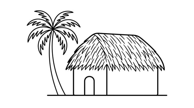 Simple line art drawing of a tropical thatched roof hut and a palm tree.
