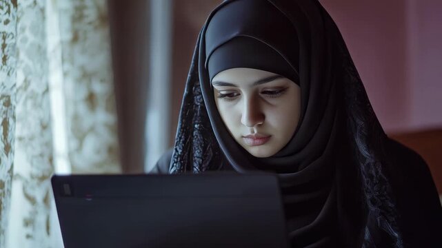 A young Muslim woman wearing a hijab focused on work or study on her laptop. Indoors with natural light.