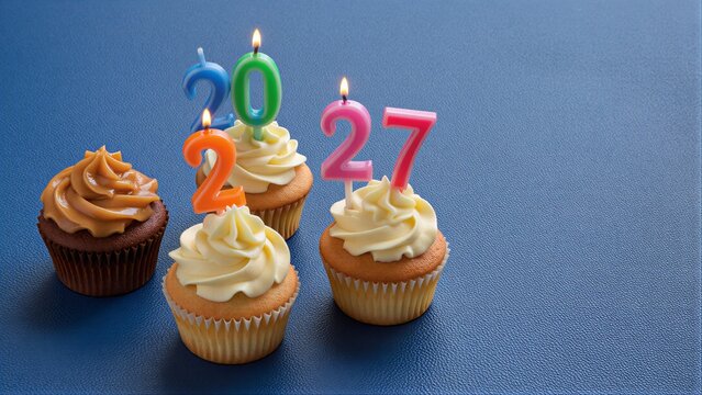 Four cupcakes with colorful candles spelling "2027" on a blue surface.