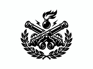 Fototapeta premium Black and White Military Artillery Glyph Emblem with Crossed Cannons, Flaming Bomb, and Laurel Wreath Vector Illustration