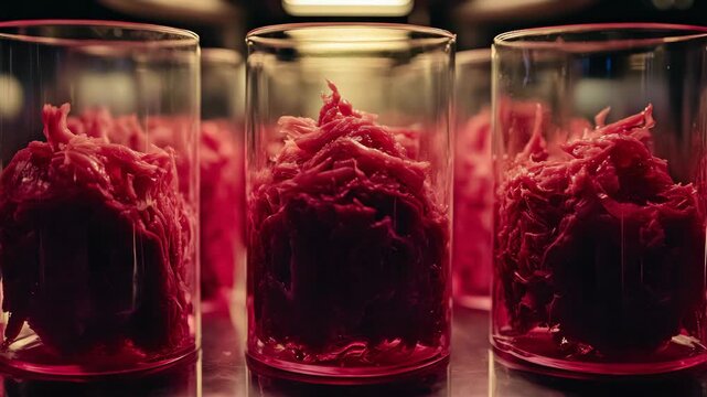 Collection of containers, each containing processed food item in a dark setting