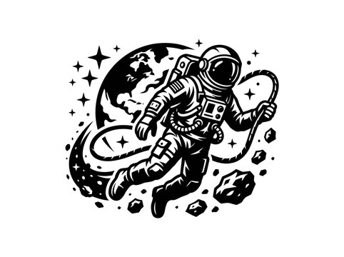 Black and White Astronaut in Space, Floating Near Earth and Stars
