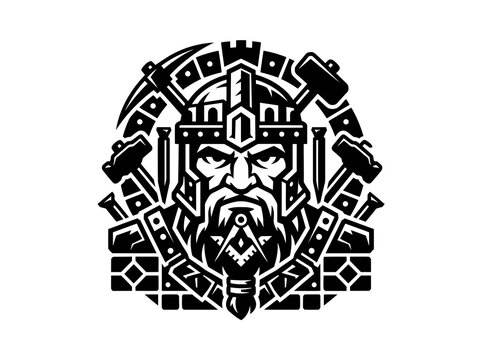 Craftsmanship  Masonic Emblem: Black  White Glyph of Dwarf Miner with Helmet, Pickaxe, Hammers