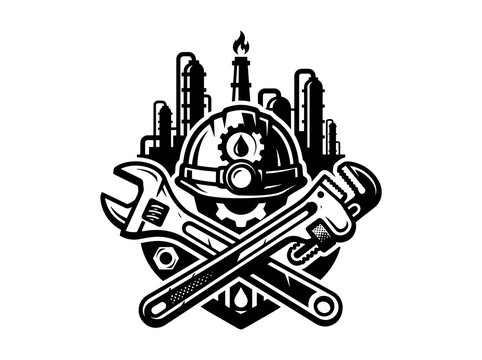 Industrial Oil and Gas Worker Emblem with Hard Hat, Wrenches, and Refinery in Monochrome Line Art