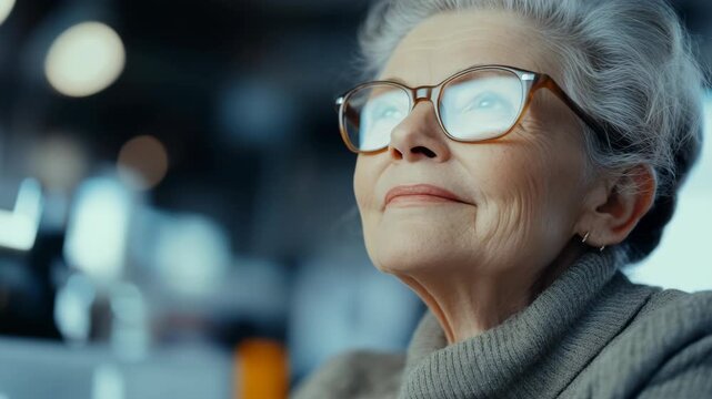 An elderly woman with glasses looking away.