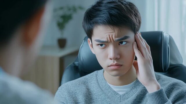 The shows a young man with a concerned expression, pressing his hand against his forehead while sitting in an office setting.