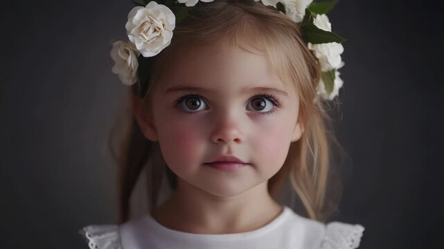 A young girl with light hair and eyes, adorned with a floral wreath on her head. She gazes softly to the left, exuding innocence and sweetness.