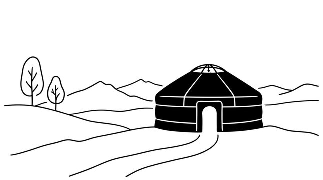 Black and white line art illustration of a traditional Mongolian yurt.