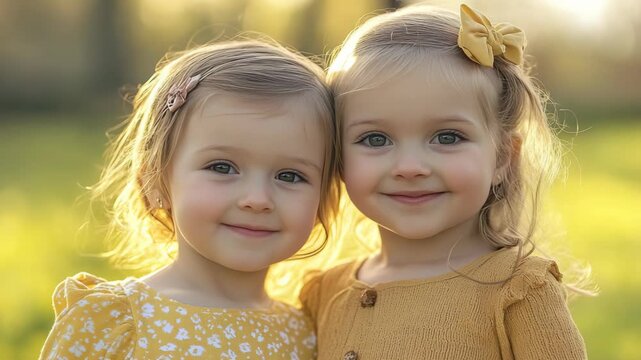 Two little girls share a joyous moment together in a beautiful outdoor setting. Perfect for family-oriented content and advertising campaigns promoting love, unity, or childhood happiness.