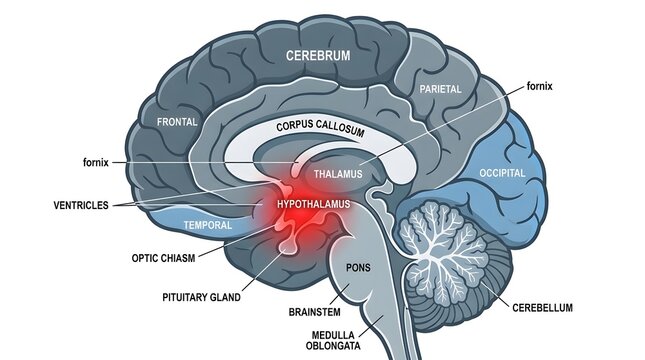 Cross section medical illustration of human brain anatomical structure with highlighted hypothalamus region and labels.