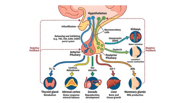 Diagram of the human endocrine system showing hypothalamus and pituitary gland hormone regulation and feedback.