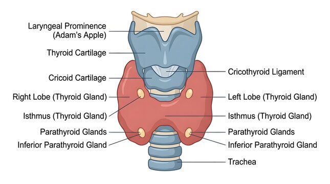 Detailed Medical Diagram Showing Human Thyroid and Parathyroid Gland Anatomy with Labels.