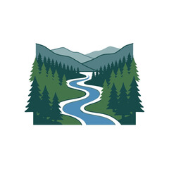 Fototapeta premium Winding River Flowing Through Lush Pine Forest with Mountain Landscape Background