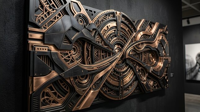 Intricate Metal Art Installation: Futuristic Mechanical Sculpture with Bronze and Black Tones