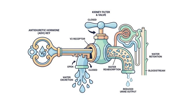 Medical illustration explaining the mechanism of antidiuretic hormone ADH regulating water reabsorption in human kidneys.