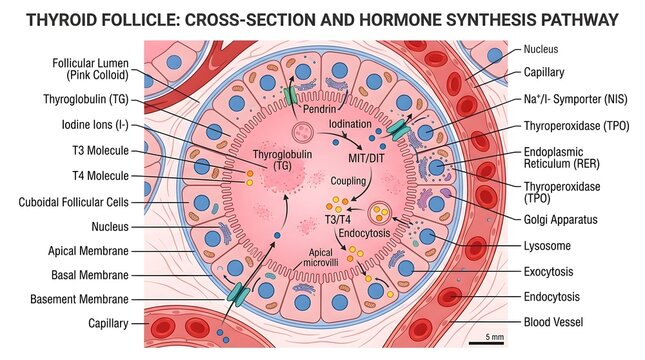 Thyroid follicle cross section and hormone synthesis pathway medical educational diagram illustration.
