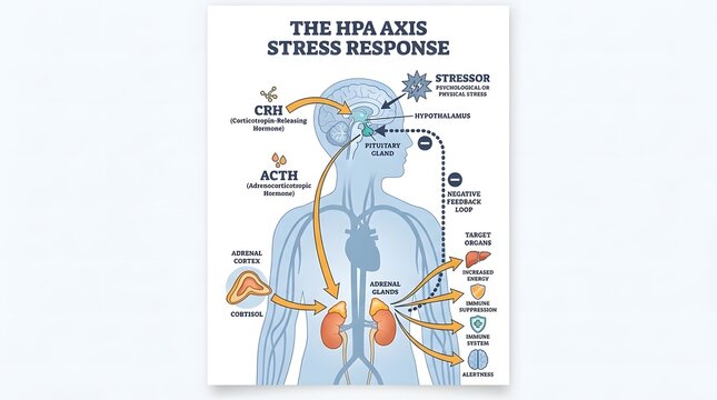 Medical diagram explaining the HPA axis stress response mechanism in the human body.
