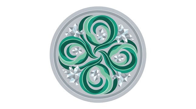 Ornate circular emblem featuring stylized green shamrock swirls and sparkling diamonds in silver frame.