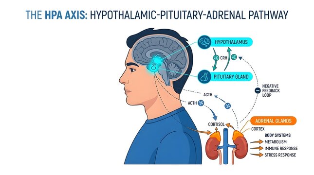 Medical Diagram Explaining the Hypothalamic Pituitary Adrenal HPA Axis Pathway and Cortisol Stress Response.