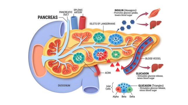 Medical vector illustration of human pancreas anatomy displaying islets of Langerhans and hormone regulation.