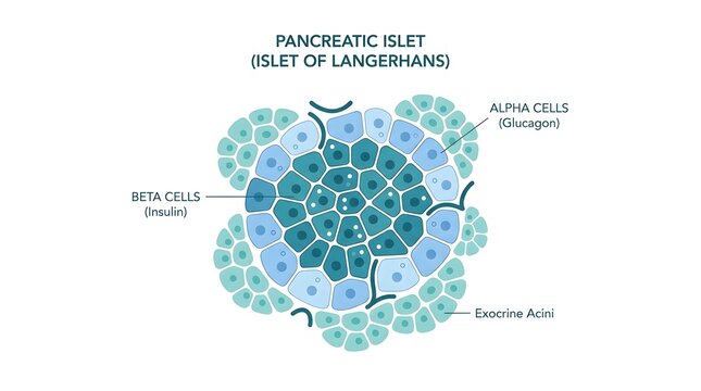 Medical diagram showing the structure of a pancreatic islet of Langerhans with alpha and beta cells.