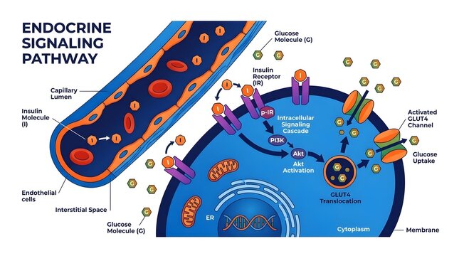 Endocrine Signaling Pathway Diagram Showing Insulin Receptor Activation and Glucose Translocation in Cell.