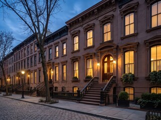 Fototapeta premium Brownstone row houses on cobblestone street at dusk