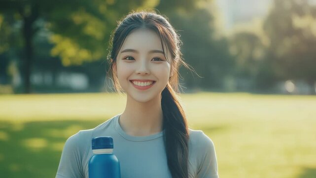 A smiling woman holding a blue water bottle in a park during the day.