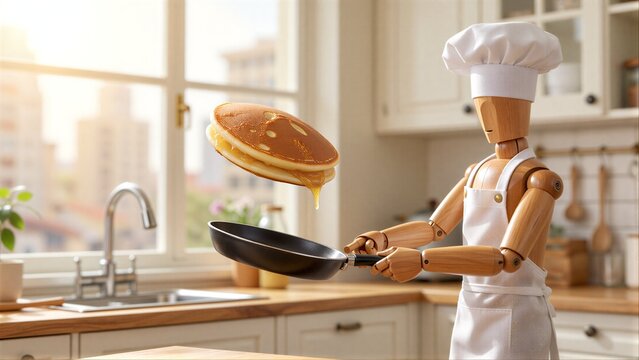 Wooden chef figure flips pancake in kitchen, golden brown and glistening with syrup.