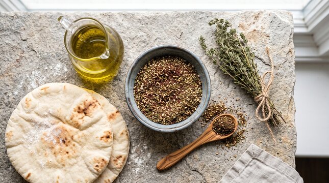 Freshly baked pita bread and zaatar spice in ceramic bowl placed on rustic stone table with olive oil in natural light for authentic middle eastern cuisine concept