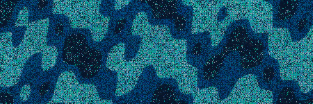 Abstract cyan pixel matrix banner featuring digital topographic waves, symbolizing high-tech big data visualization and neural networks.