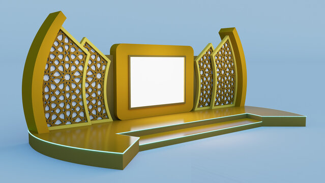 3d illustration stage backdrop LED screen with arabic ornament decoration blank space logo company for event exhibition performance and custom stage flooring neon flex lighted. image isolated.