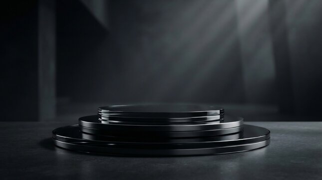 Minimalist black stage platform with dramatic spotlight rays