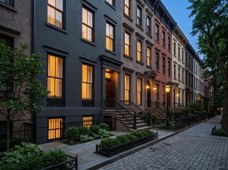 Naklejka premium Evening row houses with lit windows and brick sidewalk