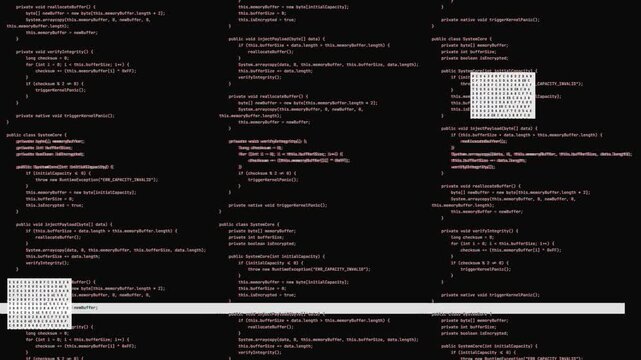 Computer Source Code Terminal Scrolling with Red Highlight Blocks and White Scanline Bars for Cyber Security Hacking Interface