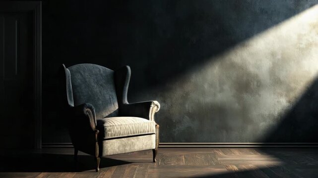 A single vintage armchair with wooden legs sits alone in a dimly lit room with textured walls and a small window.