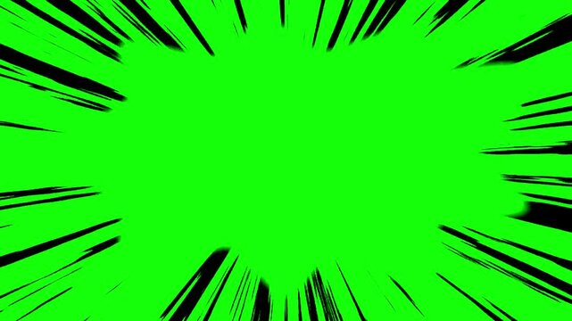 Comic book style speed lines radiate outward to frame a central green screen area for video content.
